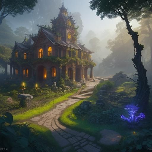Mystical School in Lush Forest: Digital Matte Painting
