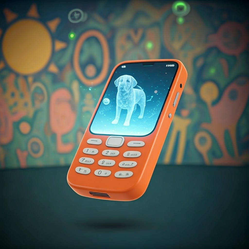 Miniature Orange Phone with Hologram Puppy, Matte Painting