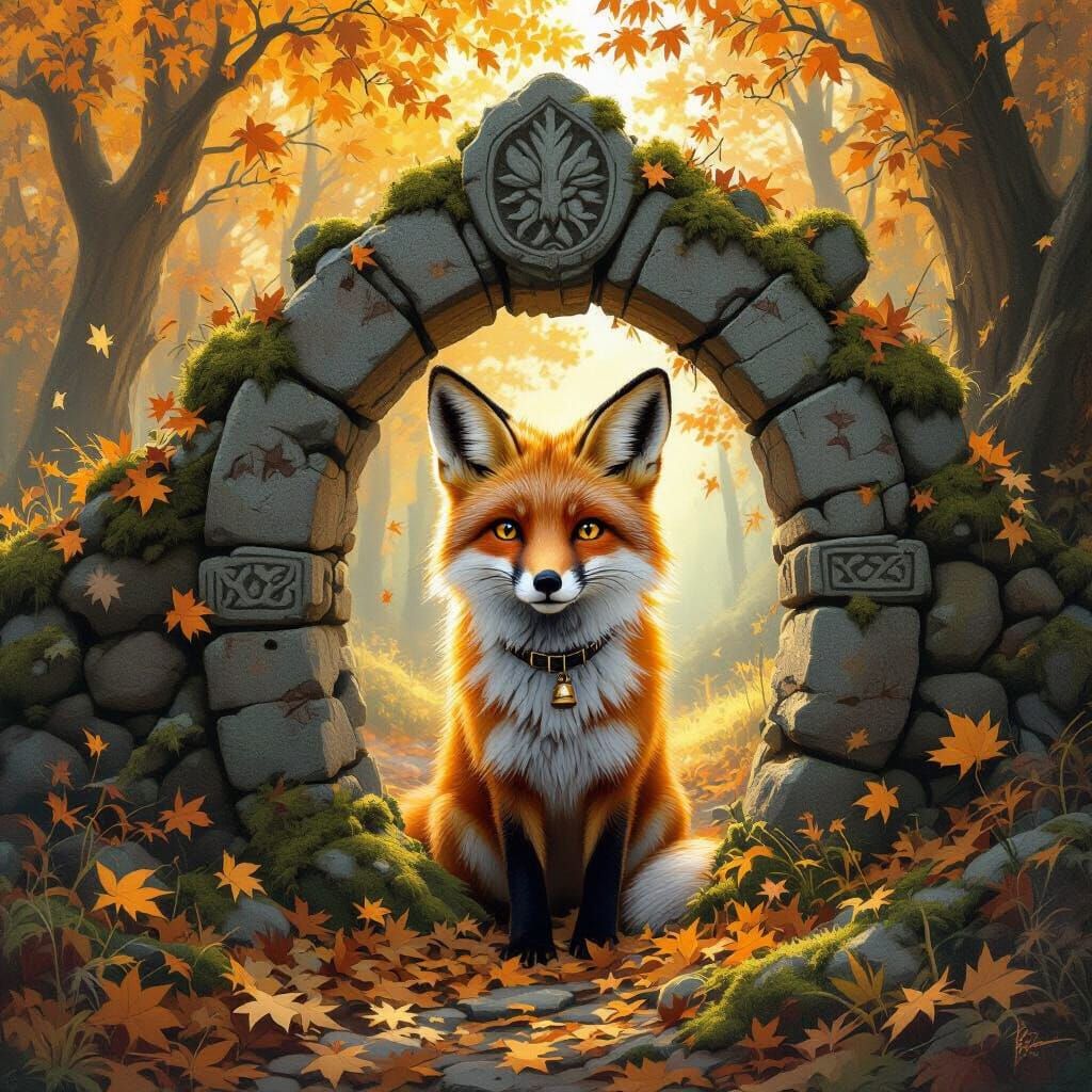 Fox Peeks Through Stone Archway: Painterly Realism