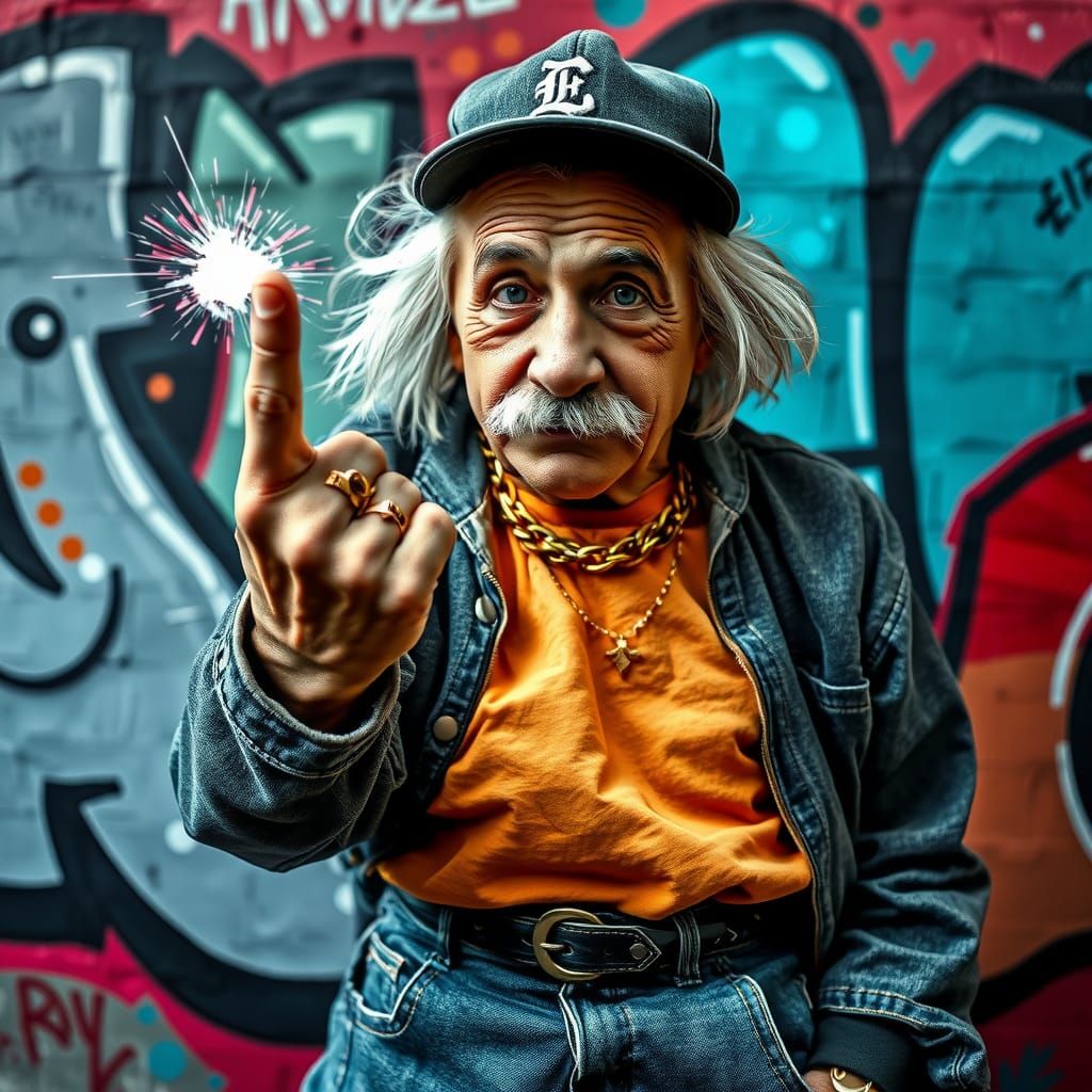 Hyperrealistic, bad , gangster Albert Einstein shows the mid...