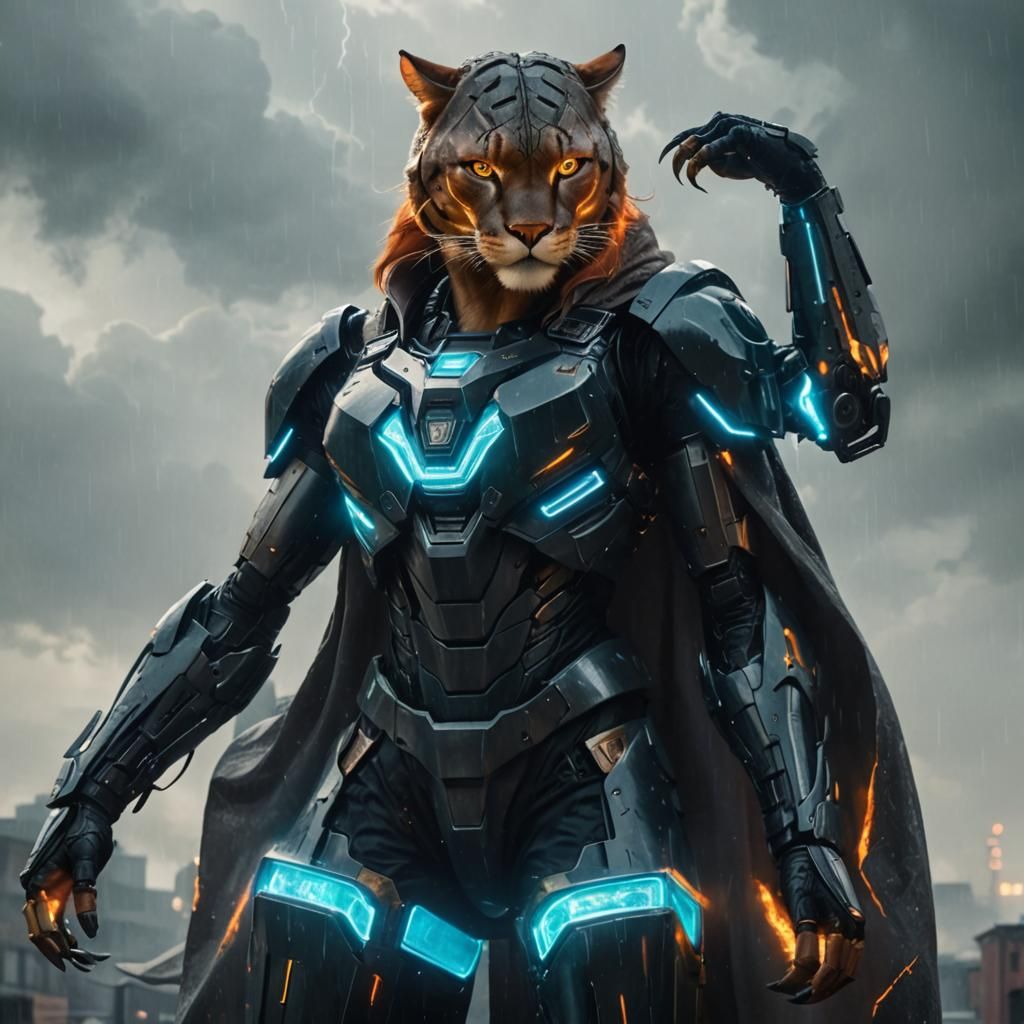 Cybertronian Cougar Walks in Rainy City Alley