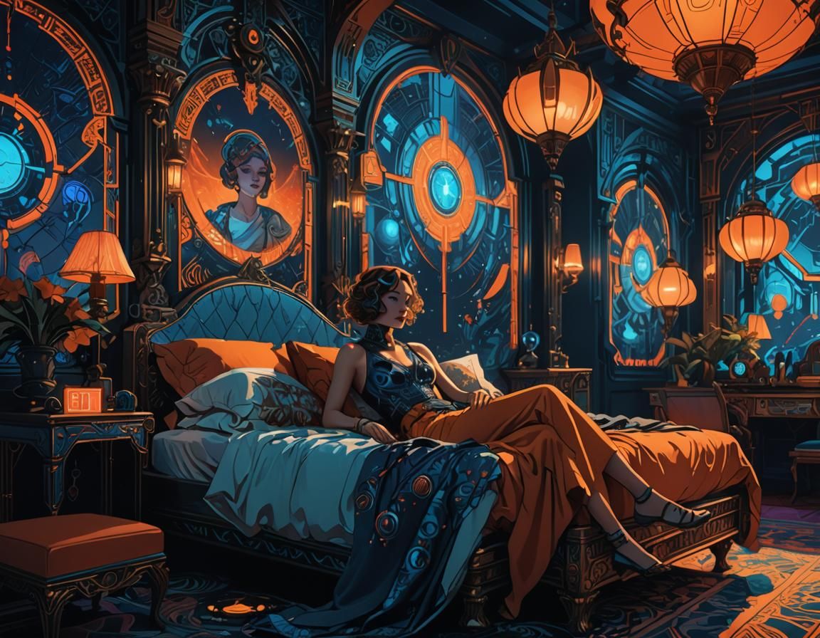 Cyberpunk Art Deco Bedroom at Night