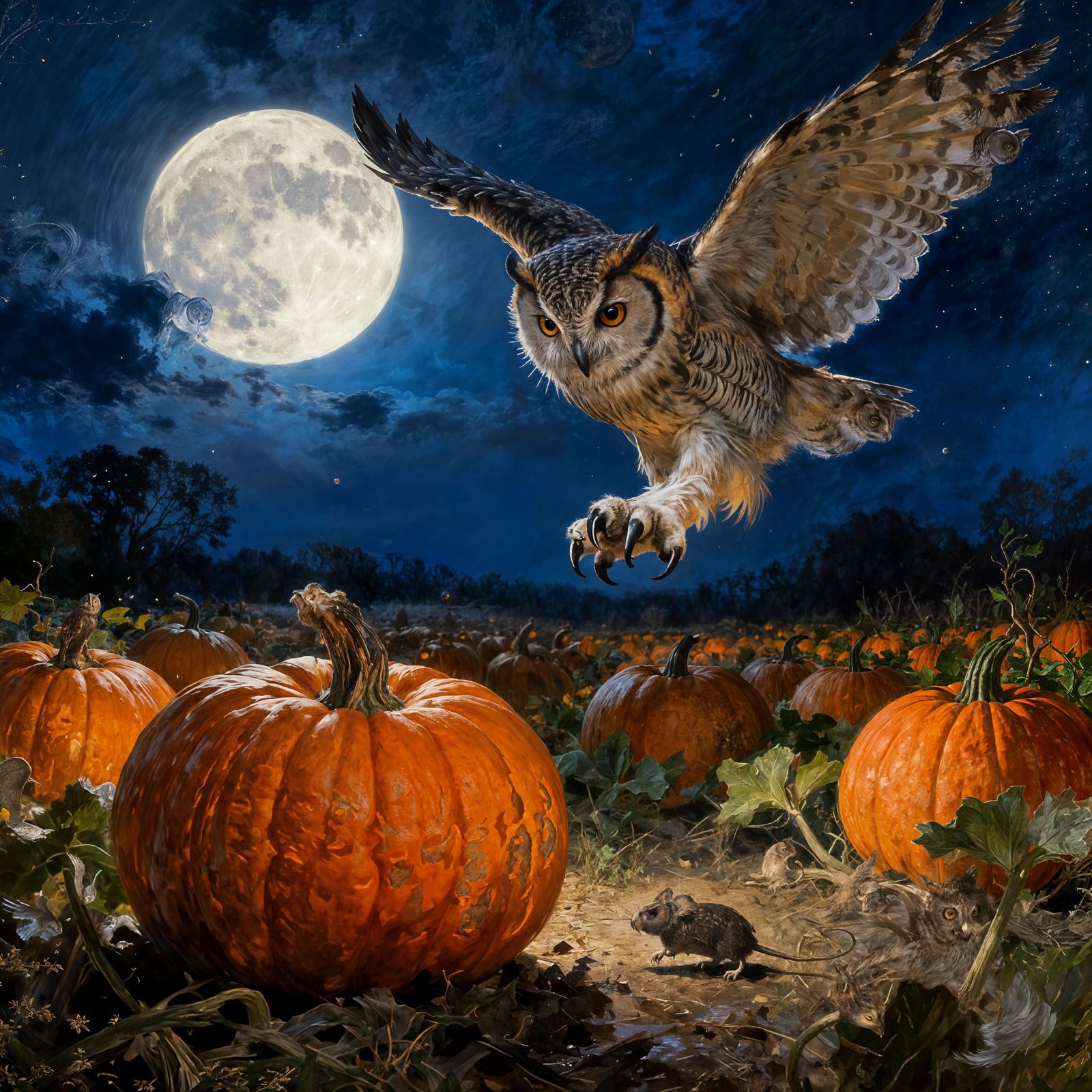 Owl Swooping in Moonlit Pumpkin Field