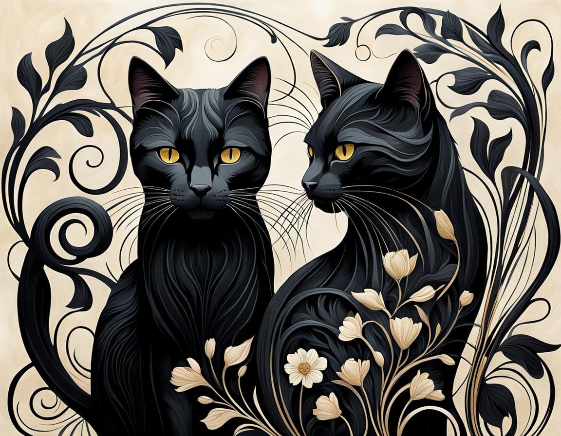 Surreal Floral Art Nouveau Cats in Whimsical Sketch