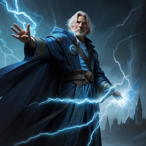 Fantasy Wizard Conjuring Lightning Bolt, Fantasy Art