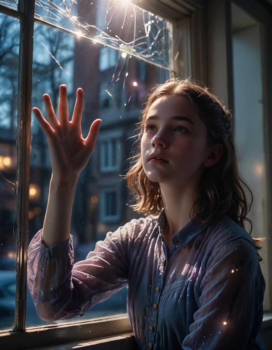 Teen Girl Mesmerized by Her Flying Powers in Ethereal Lighti...