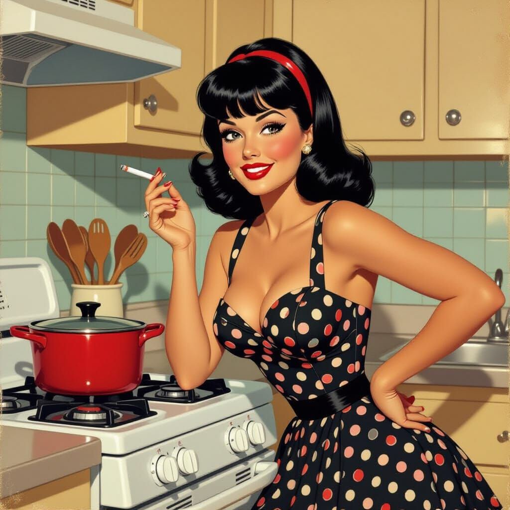 1950s Housewife Smirking With Cigarette in Retro Kitchen
