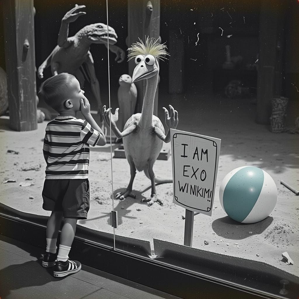 1950s Zoo Film Still: Boy Yawns at Bizarre Creature