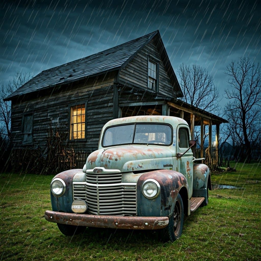 Classic Pickup Truck in Rainy Junkyard