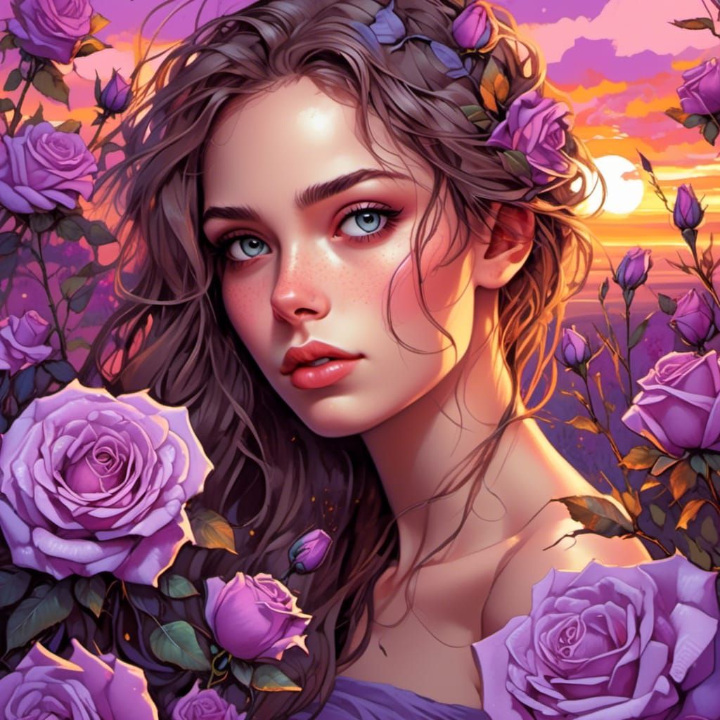 Woman with Lavender Roses in Nouveau Art Style