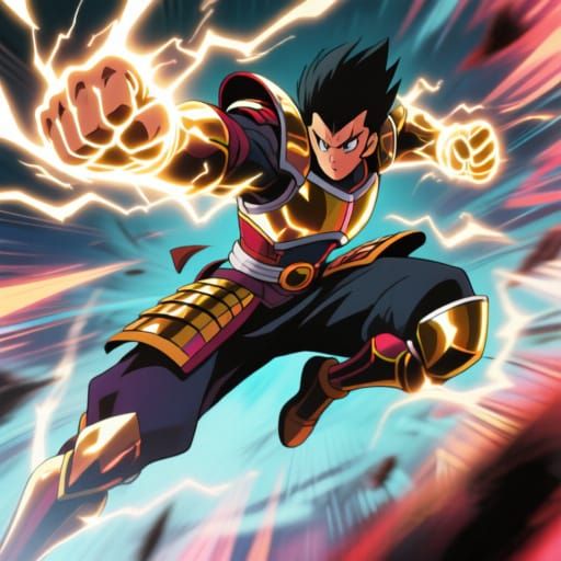 Anime Warrior Mid-Air Attack With Glowing Fists