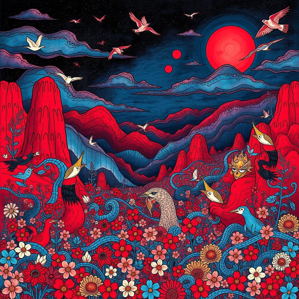 Maximalist Abstract Landscape with Fiery Sun