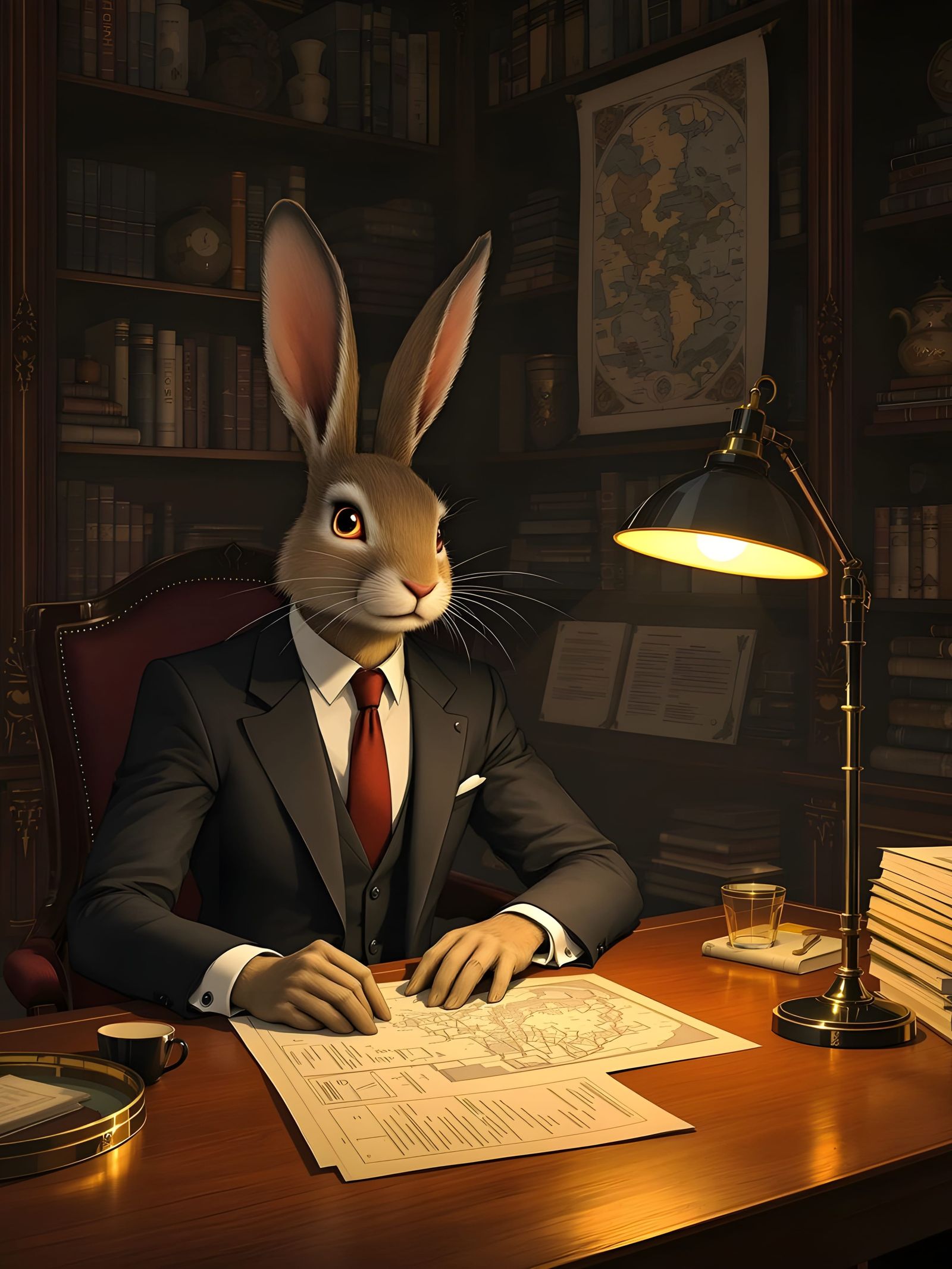 Anthropomorphic Rabbit Studying Maps in Art Deco Style