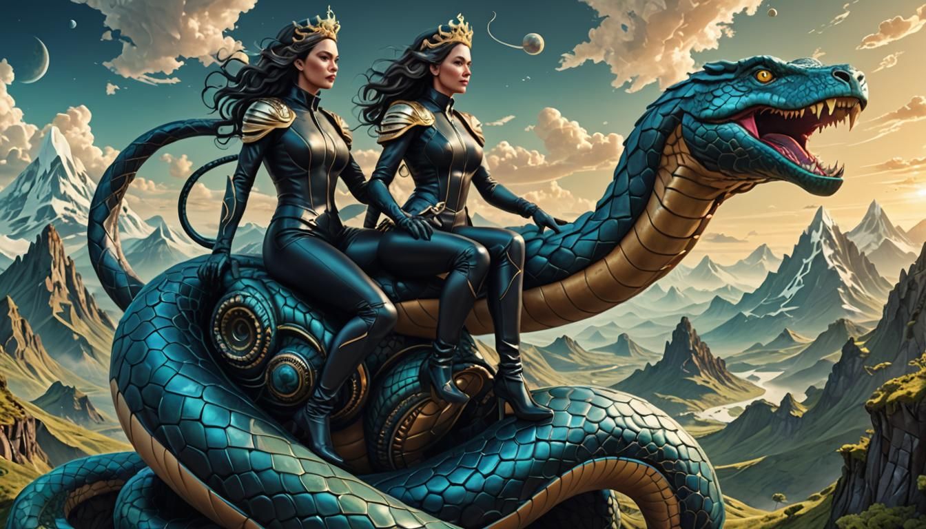 Fantasy Queen Rides Giant Snake in Fractal Art Style