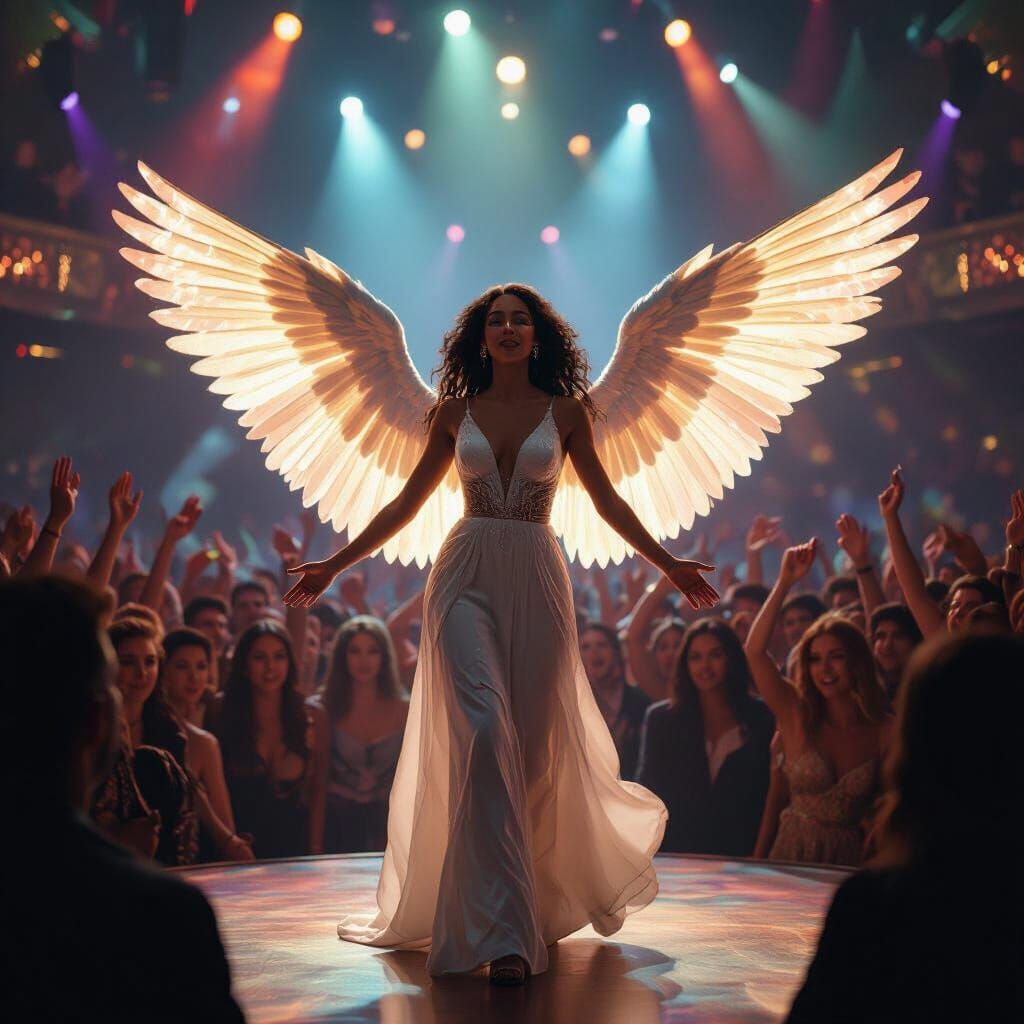 Radiant Angel Dances in Concert Venue, Realistic Rendering