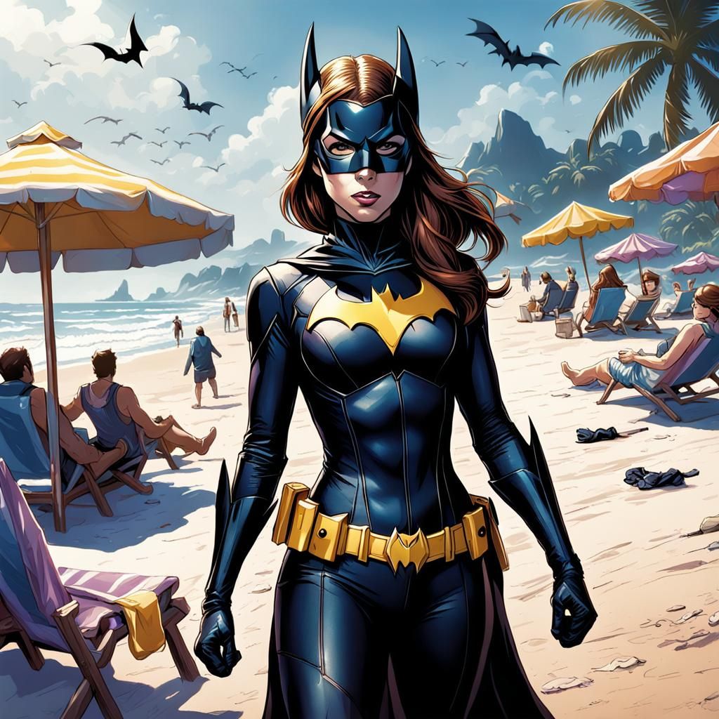 Batgirl on Vacation: Comic Book Style Beach Art