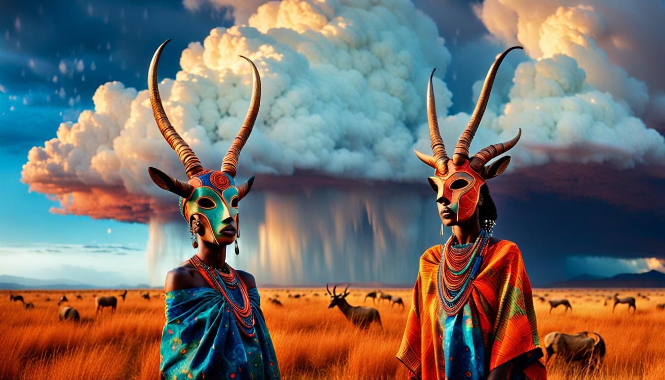 Mystical Surrealist Savanna Scene with African Woman