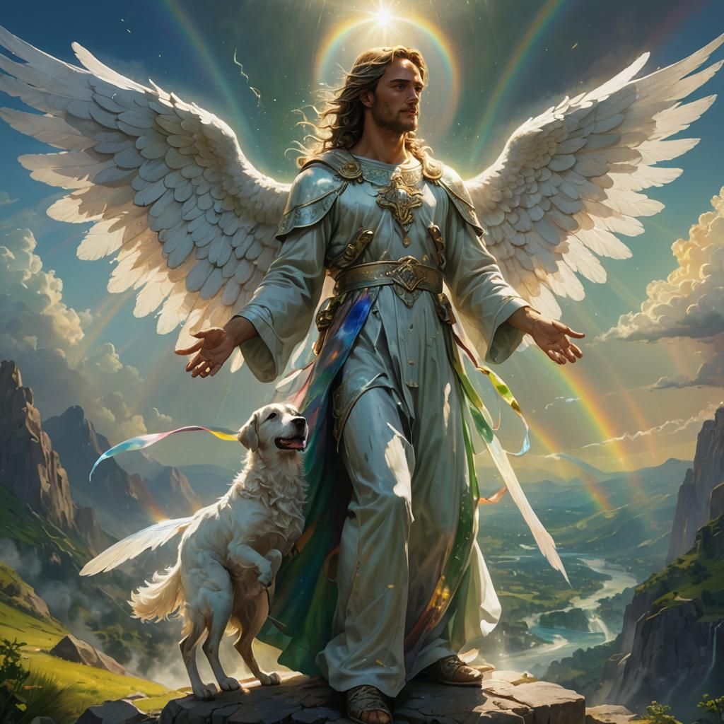Angel and Dog in Sunlight: Hyperrealistic Splash Art