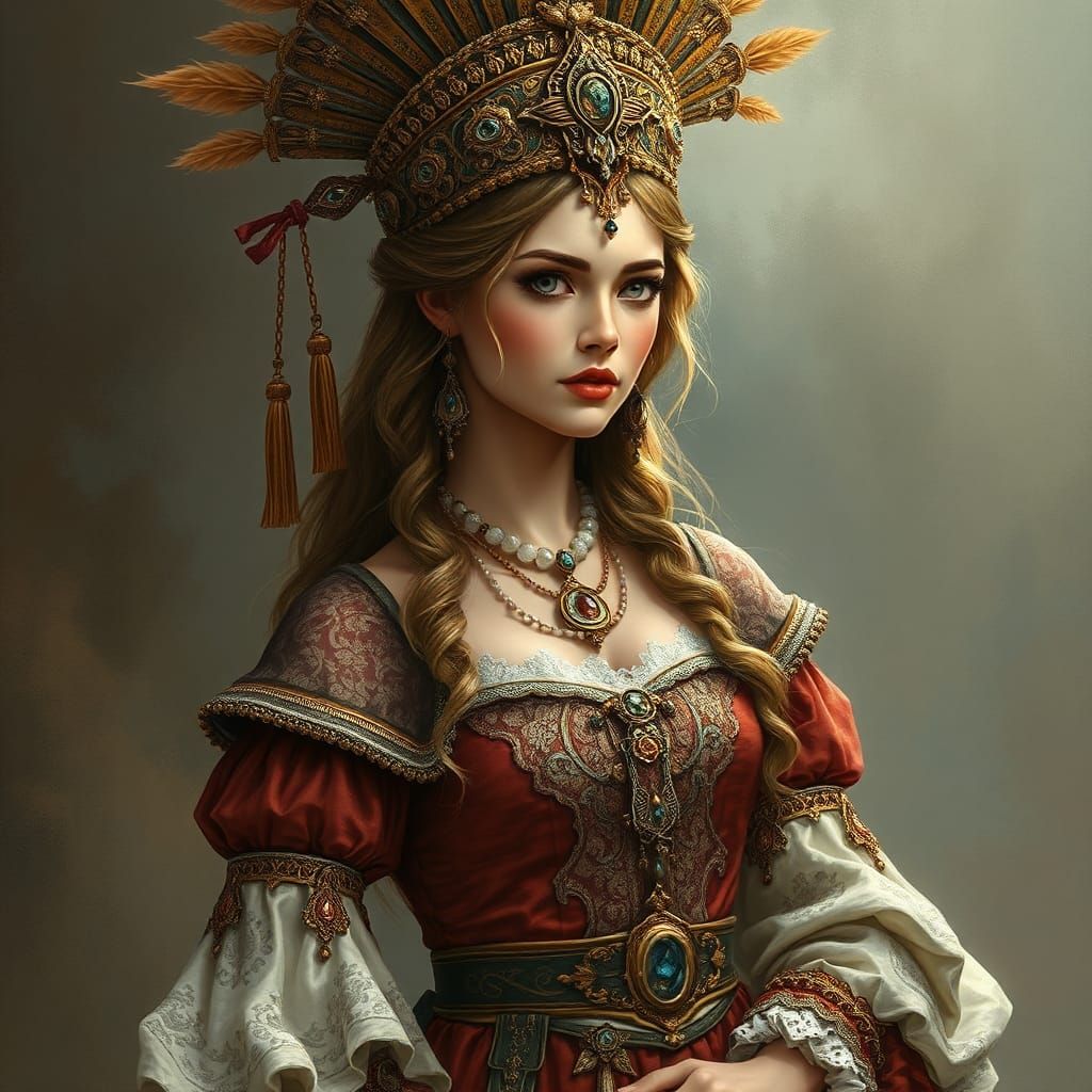 Beautiful Woman in 14th Century Outfit as Vintage Oil