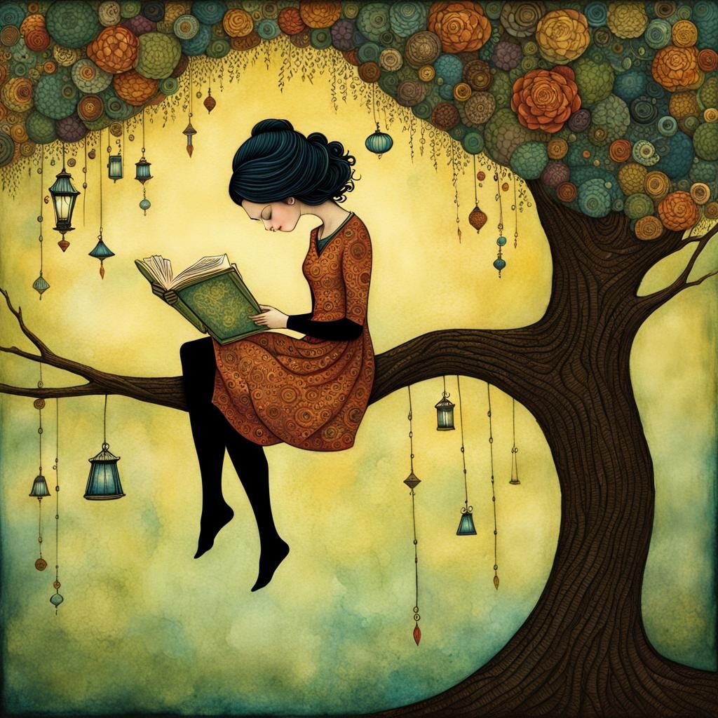 Girl Reads Upside Down in Surreal Watercolor Painting