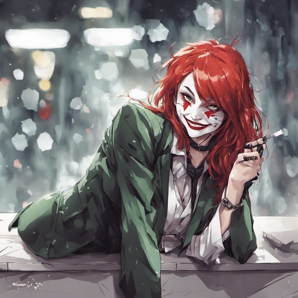 Red-Haired Girl as Joker in Anime Style