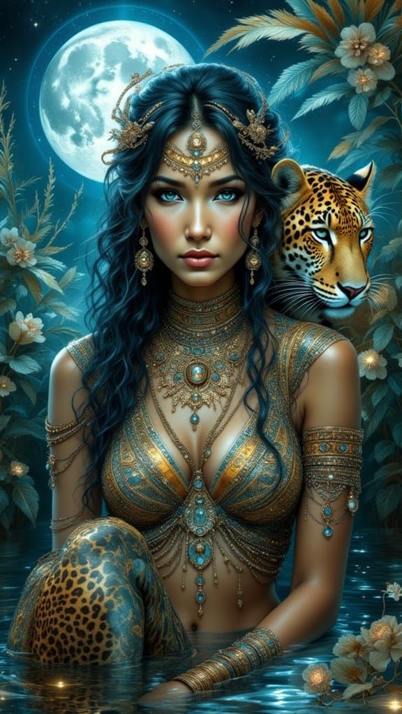 Mayan Prophetess and Jaguar under Blue Moon