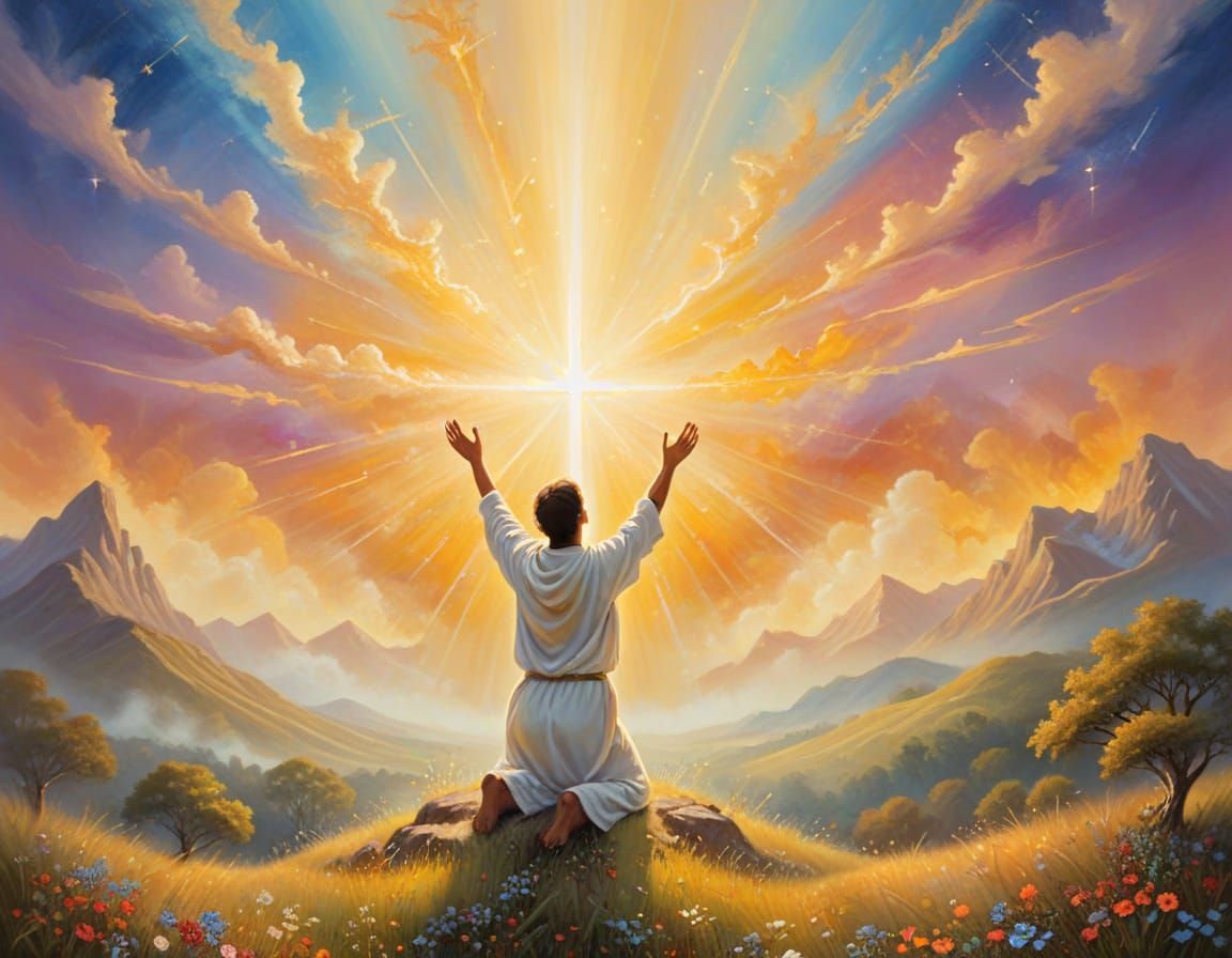 Radiant Worship in a Heavenly Landscape Painting
