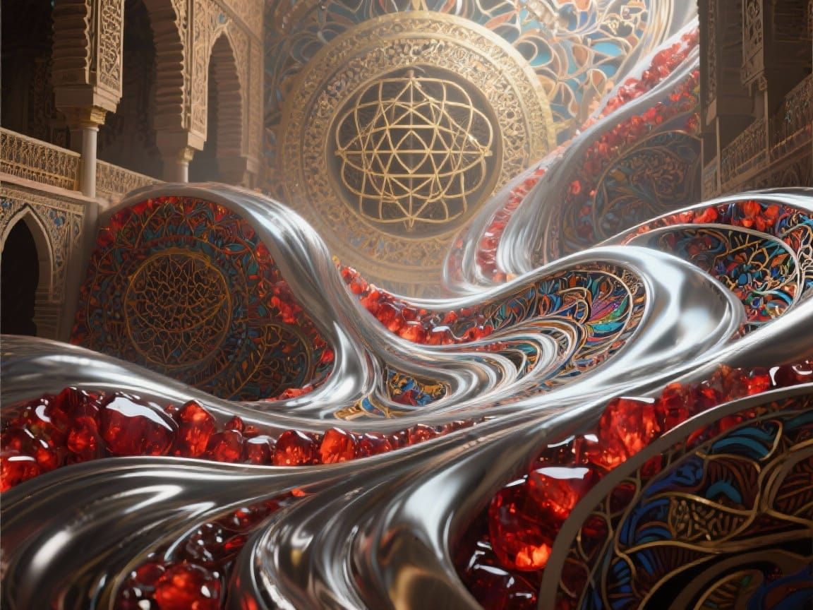 Abstract Nasrid Art: Liquid Platinum & Carnelian Flow