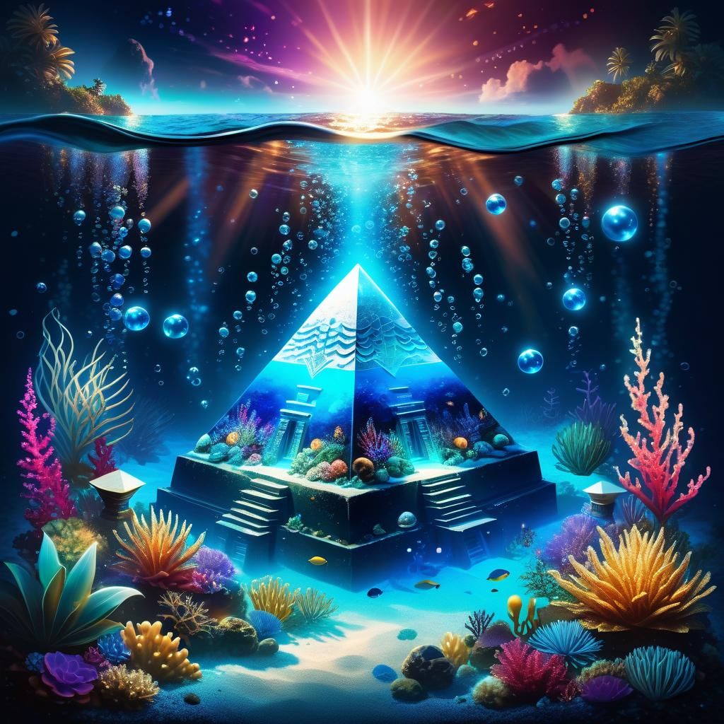 Shimmering Moonstone Pyramid in Bioluminescent Ocean