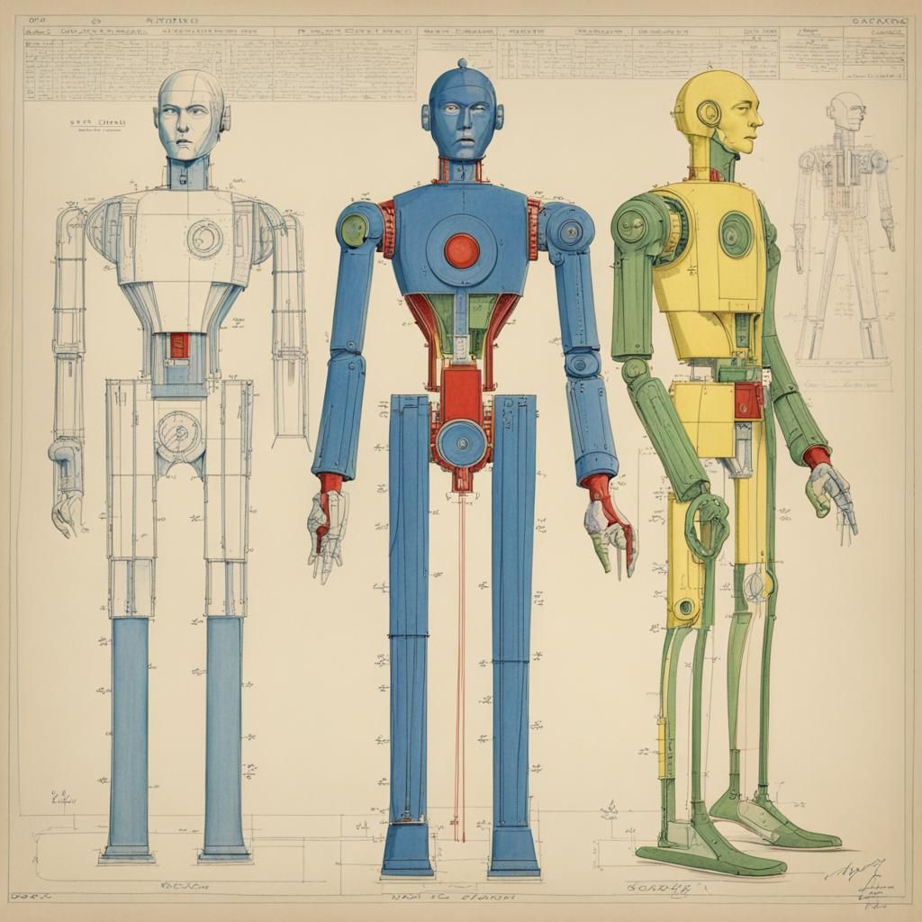 Vintage Cyborg Robot Blueprint Schematic Drawing