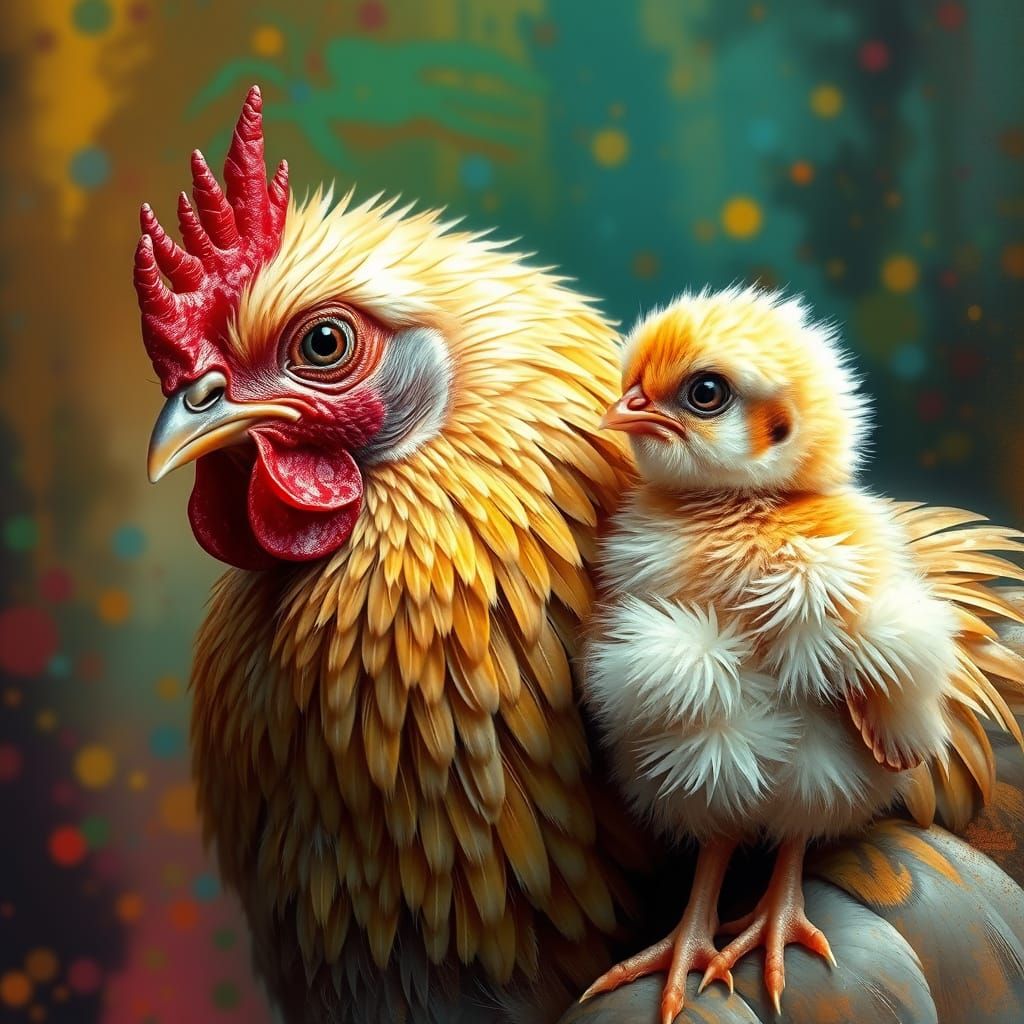 Olive Egger Hen and Chick with Colorful Background