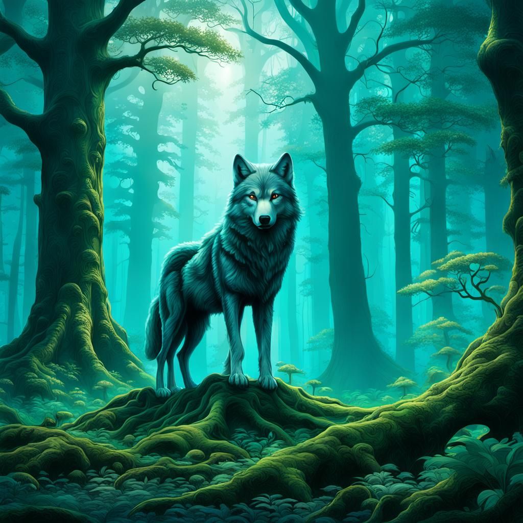 Wolf Amidst Ancient Trees in a Fantastical Forest