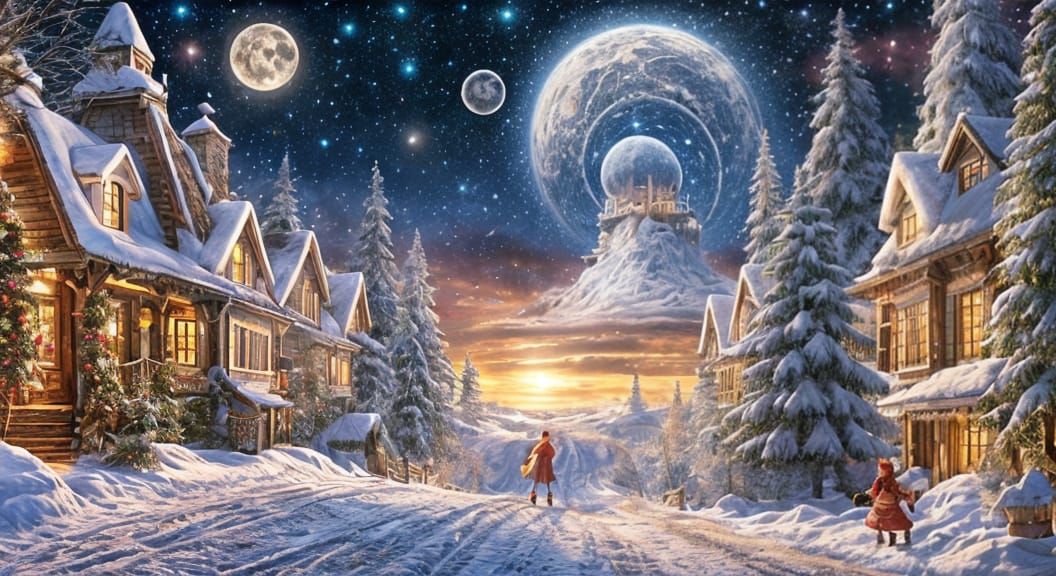 Whimsical Christmas Scene in Vibrant, Cosmic Colors