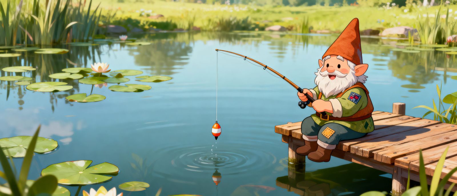 Anime Gnomes Fishing by a Serene Lake