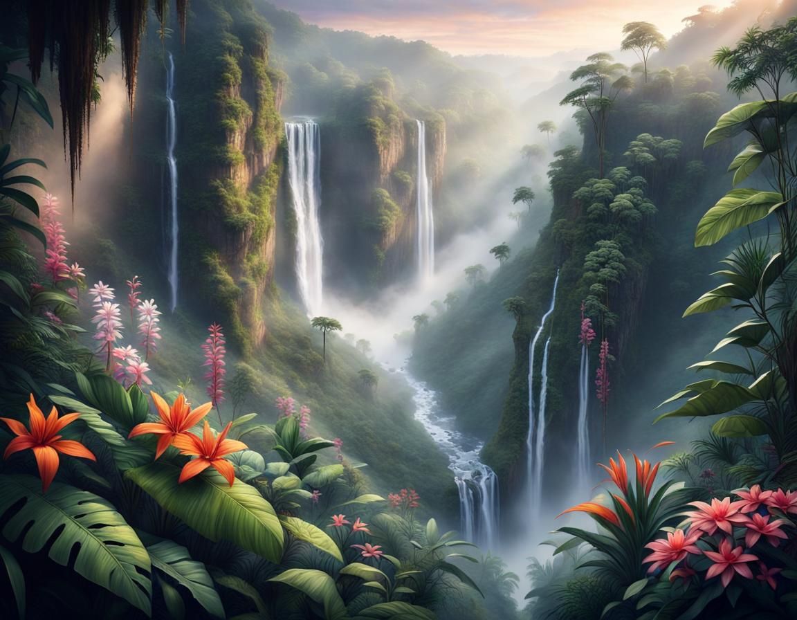Lush Rainforest Waterfall at Magic Hour