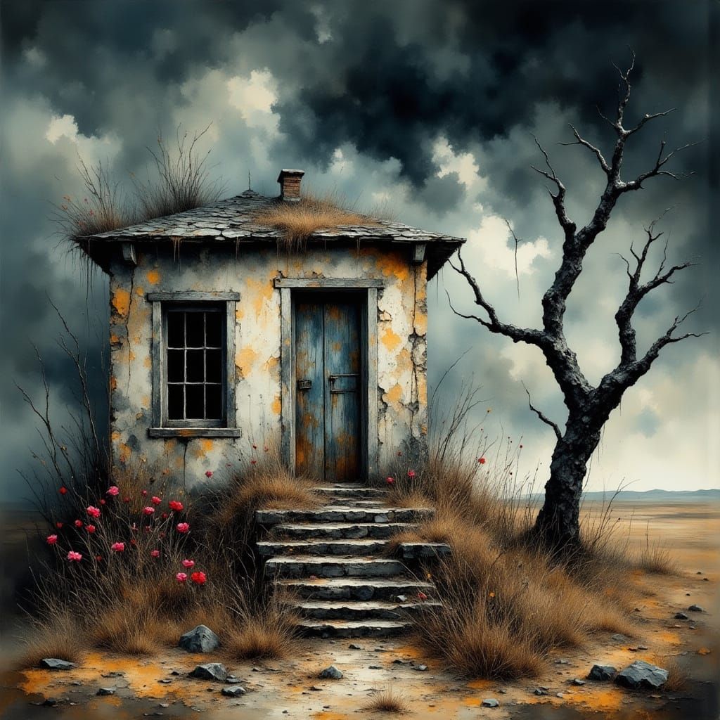 Dilapidated Cottage Under Stormy Skies