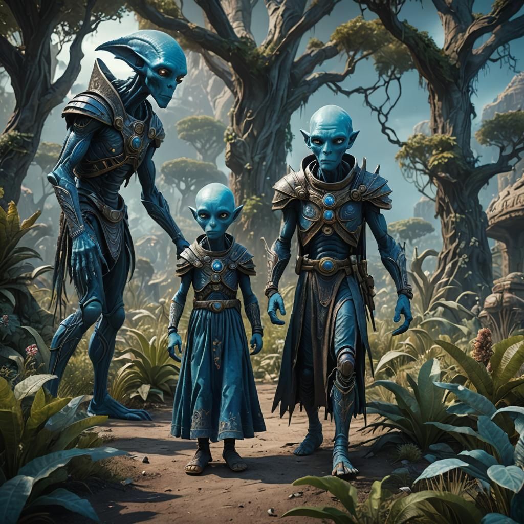 two tall blue aliens in ancient Norman dresses lead a child