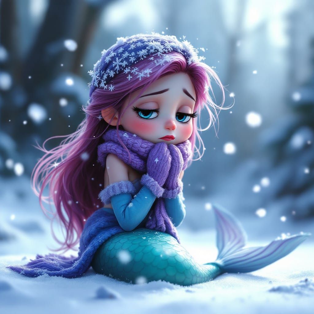 Cartoon Mermaid Shivering in Snow, CGI Style