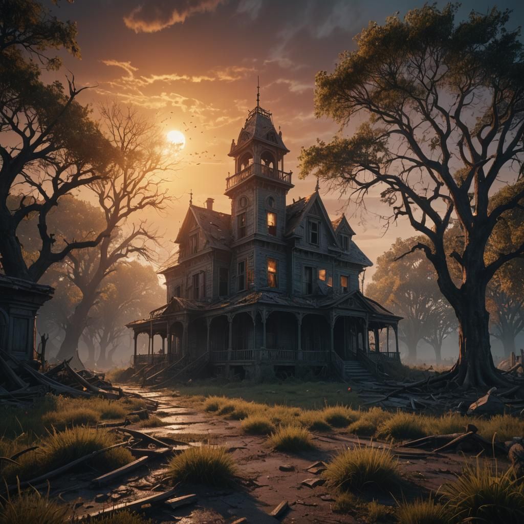 Haunted House Sunrise: Detailed Matte Painting