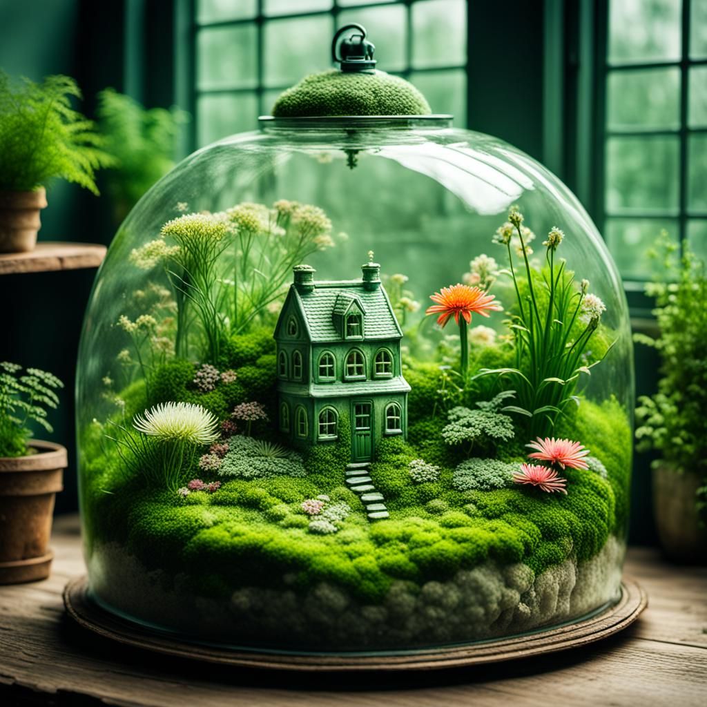 Closed Terrarium Greenery Tiny House With Mold, Algae & Flow...
