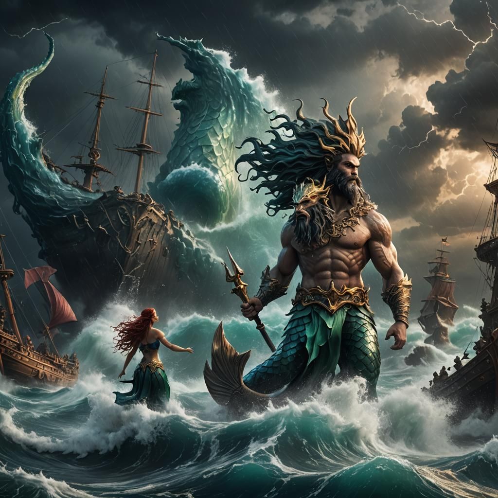 Mermaid and Poseidon in Stormy Sea: Fantasy Art