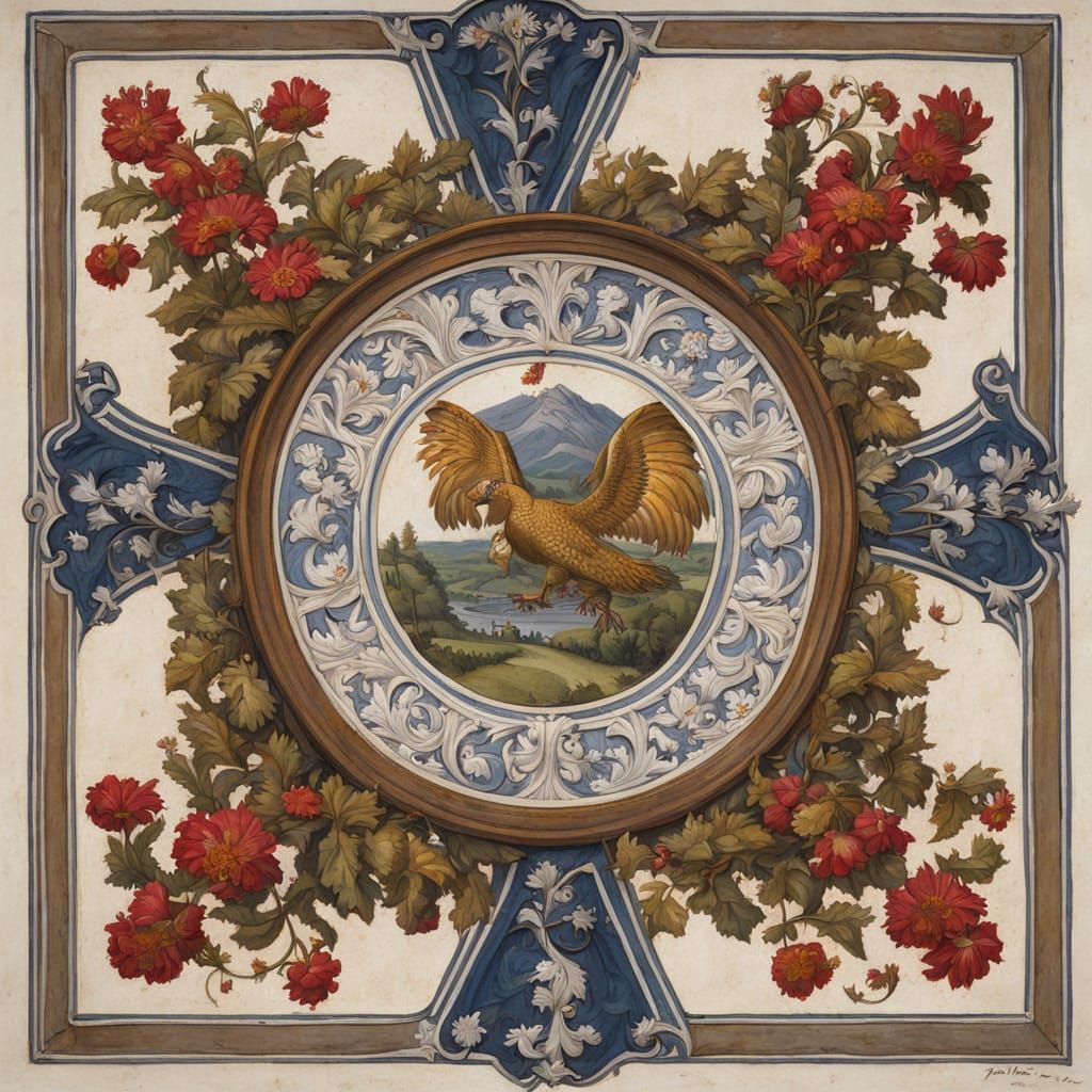 Renaissance Heraldry Coat of Arms with Intricate Floral Desi...