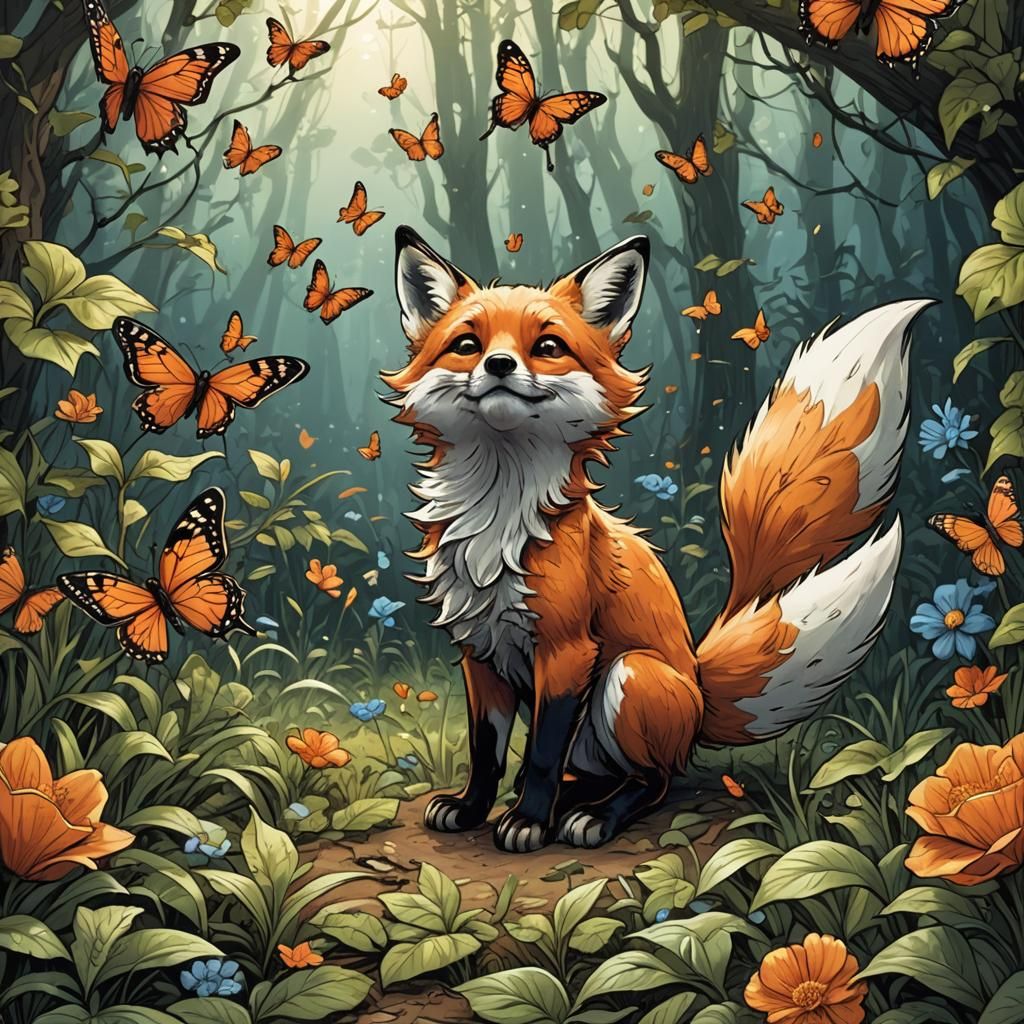 Fox and Butterfly in Storybook Comic Art