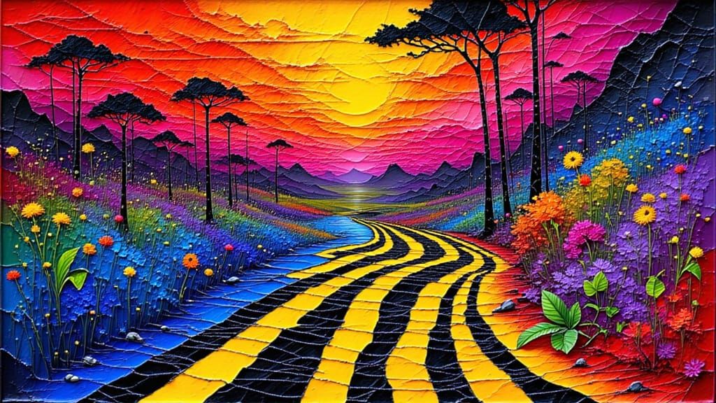 Vibrant Expressionist Liquid Abstraction with Striped Patter...