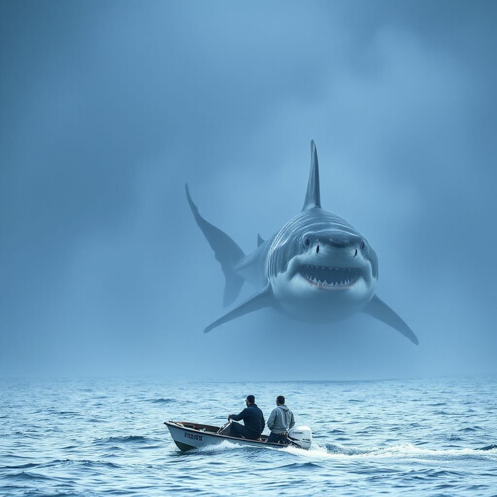Menacing Shark Surfaces Near Small Boat