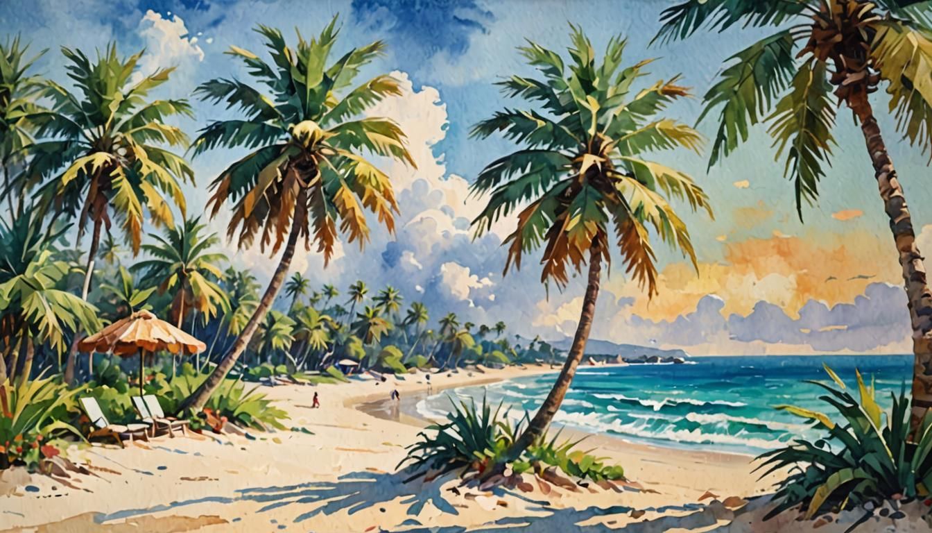 Beach Scene in Gouache Style Impressionist Painting