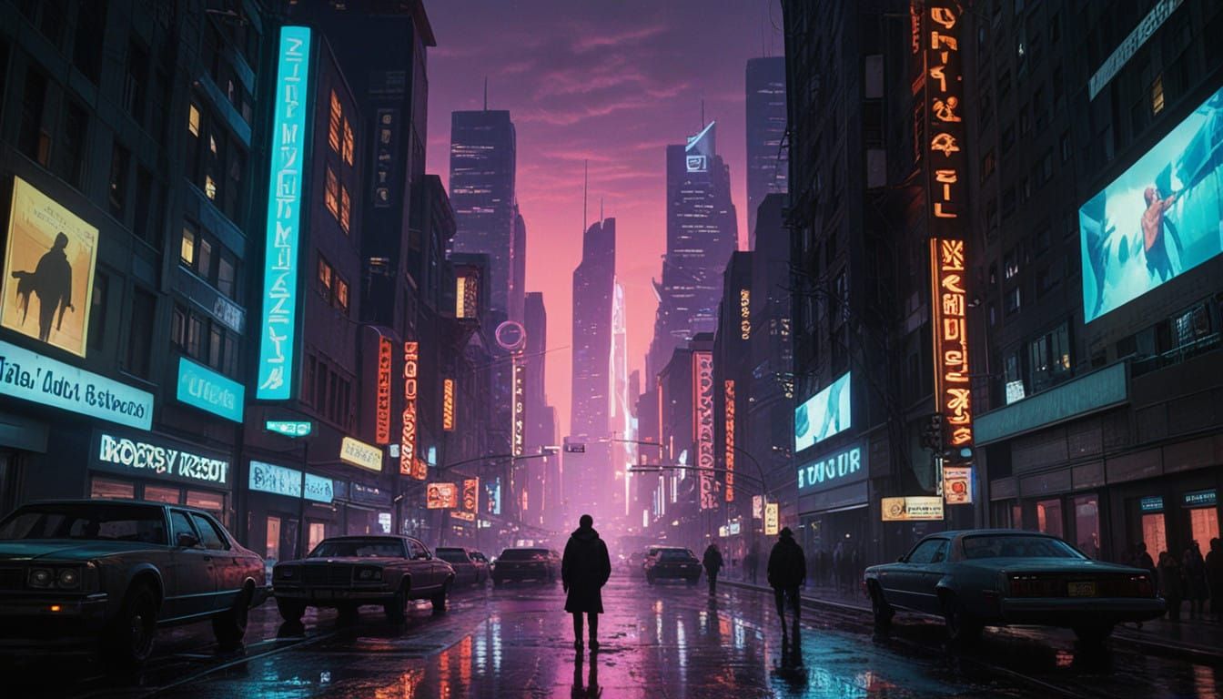 Cyberpunk Cityscape at Dusk with Lone Figure