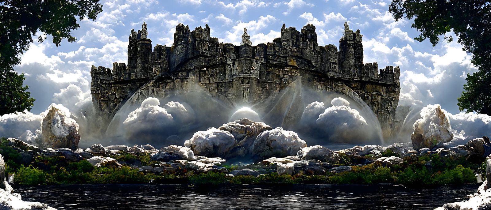 Radiant Stone Castle Under White Clouds