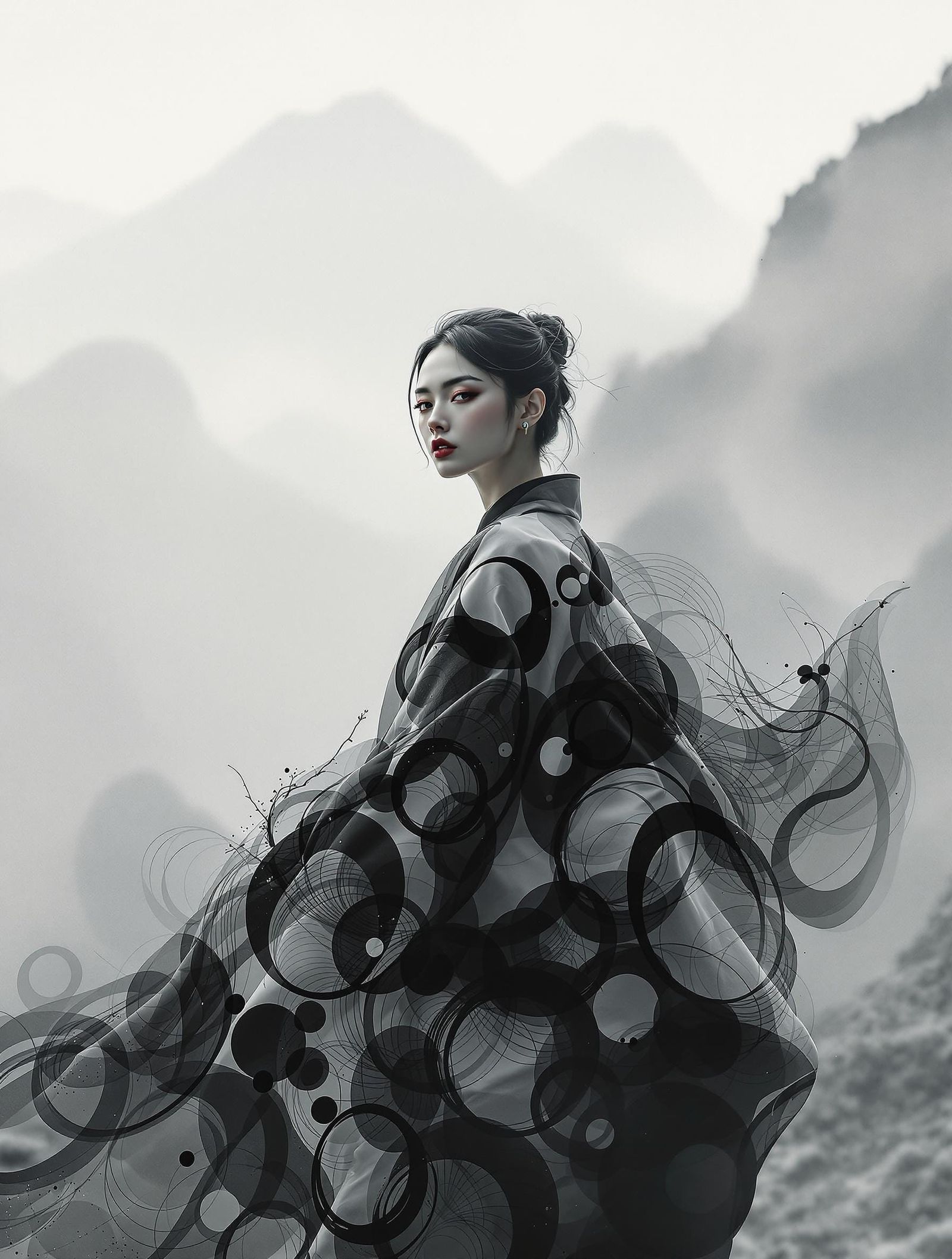 Monochromatic Kimono in Misty Mountain Landscape