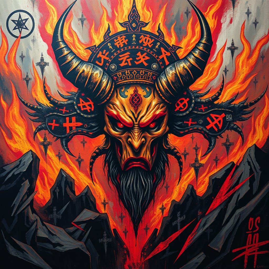 Regal Horned Figure in Hellish Graffiti Art